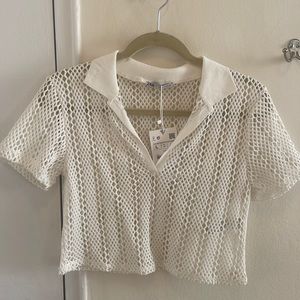 White Zara Cropped Mesh Collared Top